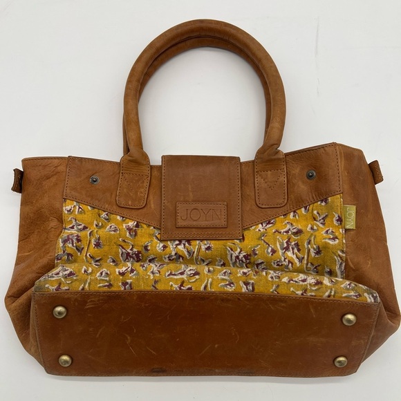JOYN Canvas & Leather Satchel Tote Bag – Yellow Floral Print –Handmade Fair Trad - Picture 4 of 10